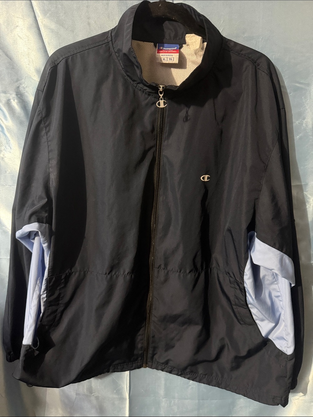 Champion Black Windbreaker with Light Blue Sleeve Accents